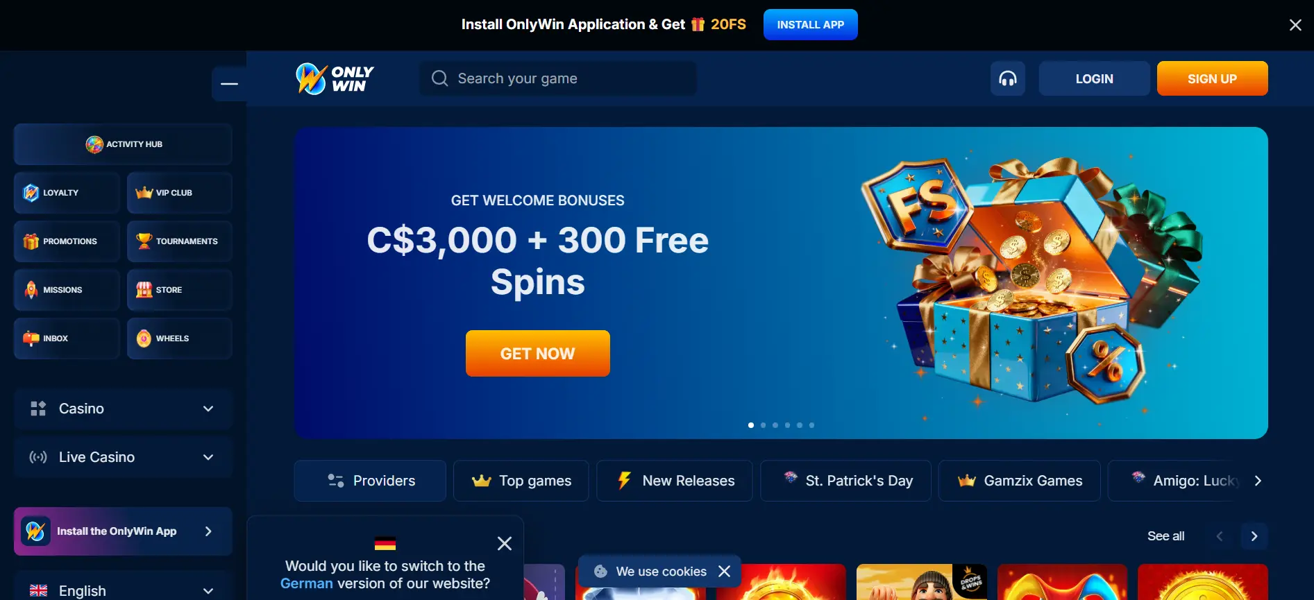 Página de inicio de Onlywin Casino